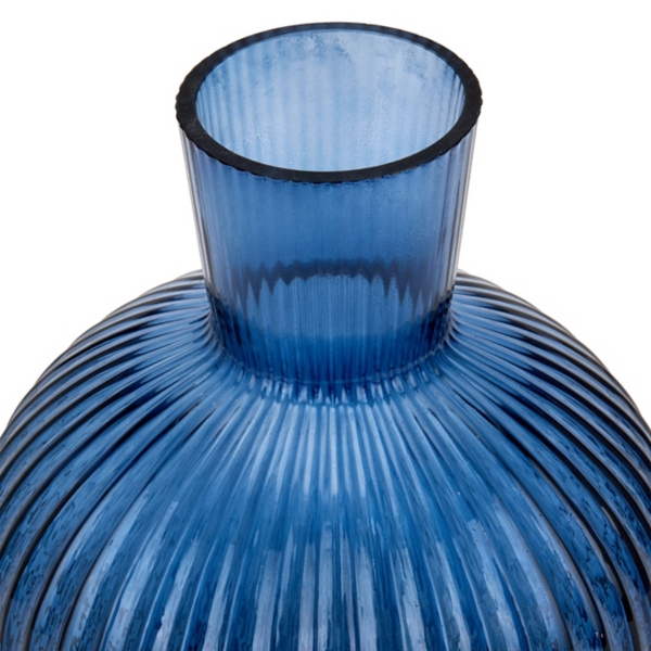 Round Blue Ribbed Glass Vase
