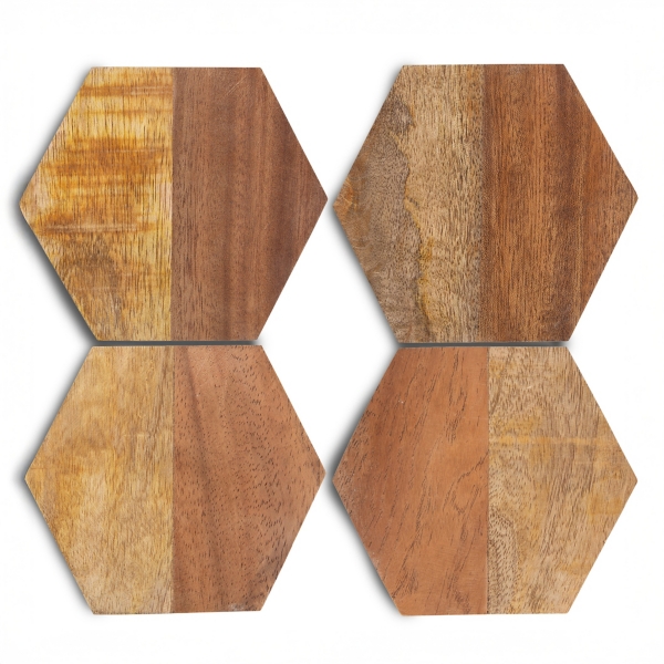 Hexagon Two-Tone Wood Coasters, Set of 4
