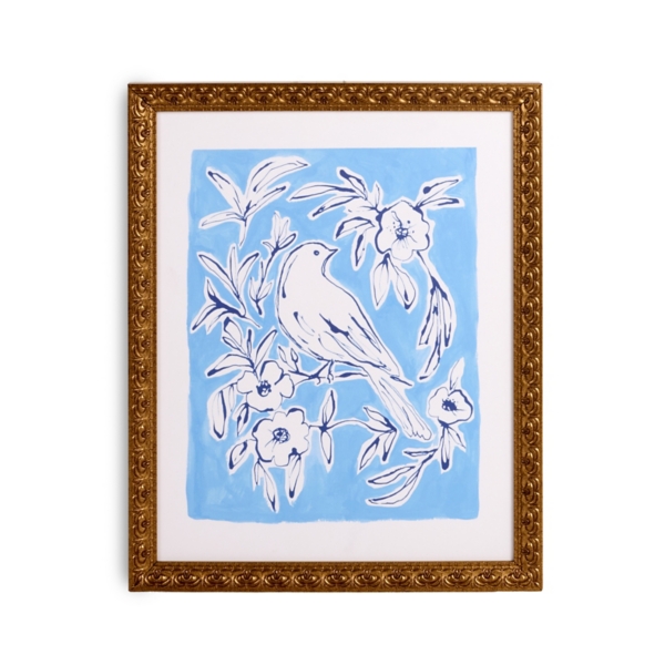 Blue Bird and Flowers Framed Canvas Art Print