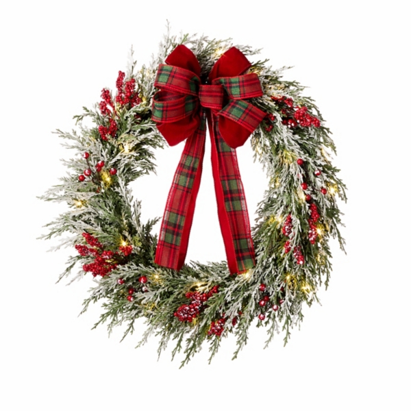 Prelit Flocked Cedar 26in Wreath | Kirklands Home