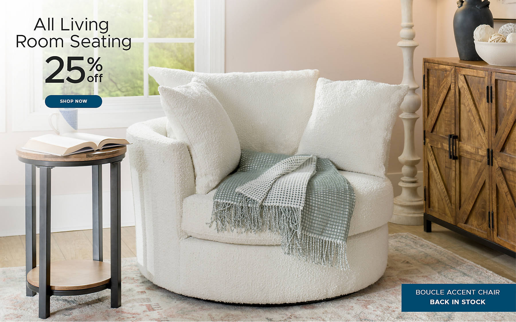 All Living Room Seating 25% off shop now boucle accent chair back in stock