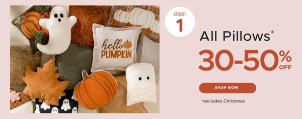 Deal 1 All Pillows* 30-50% off Shop Now *excludes Christmas